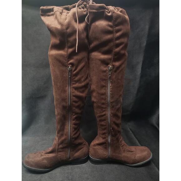 Bamboo Dark Brown Over Knee Adjustable Lace Boots - Picture 4 of 11